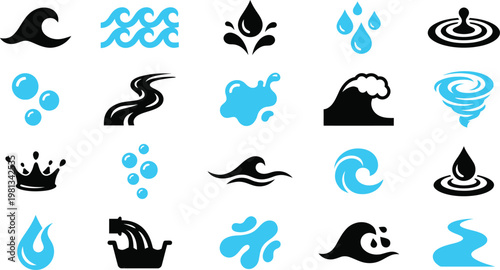 A collection of various stylized water icons representing waves droplets ripples bubbles and liquid flow elements