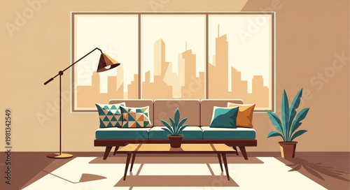 Modern living room with large window and city view.