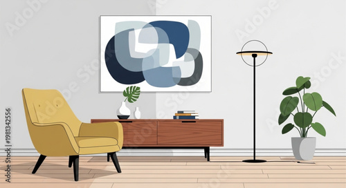 Modern Living Room with Yellow Armchair and Abstract Art.