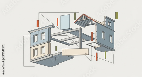 Architectural sketch of abstract building elements and structures.