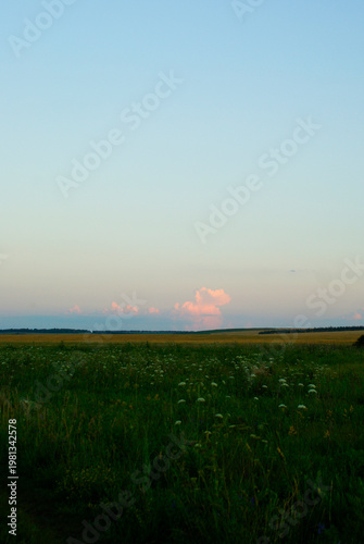 Bright sky with clouds over green field at dusk near river