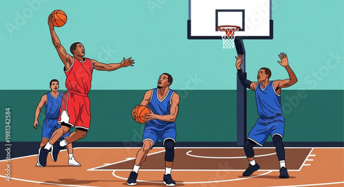 Basketball players in action during a game on the court.