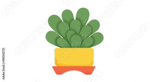 A vibrant stylized illustration depicts a potted succulent plant with overlapping green leaves