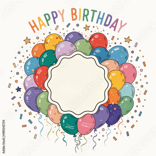 A colorful vector graphic illustration of a heart-shaped birthday celebration with balloons and confetti