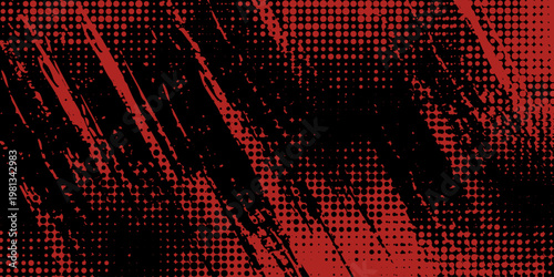 Black and Red Grunge Brush Background with Halftone Effect