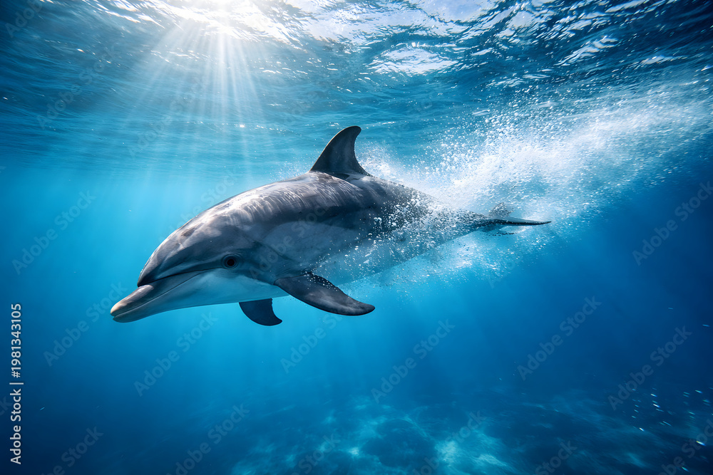 Obraz premium Dolphin speeding through crystal clear blue ocean, sunlight rays illuminating water, bubbles trailing behind, dynamic motion, ultra realistic underwater scene, wide angle marine photography. 