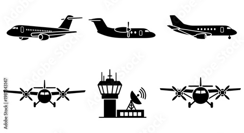 Aviation icons set with commercial airplanes and airport control tower, black silhouette aircraft vector collection, 6 elements for flight travel