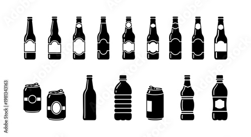 Black beer bottle icons and beverage cans set, 15 vector drink containers with labels, minimalist soda and water bottle silhouettes for menu design
