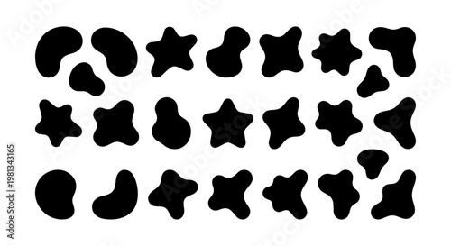 Organic liquid blob shapes, 22 abstract black amoeba silhouettes, fluid pebble and stone vector elements for modern graphic design layouts