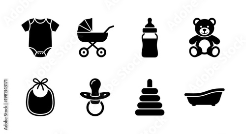 Baby icons set in black solid style, newborn care symbols collection, 8 infant nursery vector elements for parenting and childcare apps