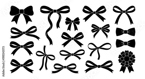 Black ribbon bow silhouettes set, elegant decorative gift bows collection, 17 vector ribbon elements for wedding invitations and holiday packaging