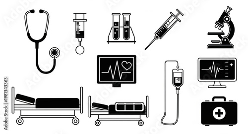 Medical equipment and healthcare symbols illustration.