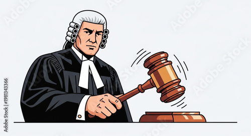 Judge in wig and robes holding a gavel in courtroom.