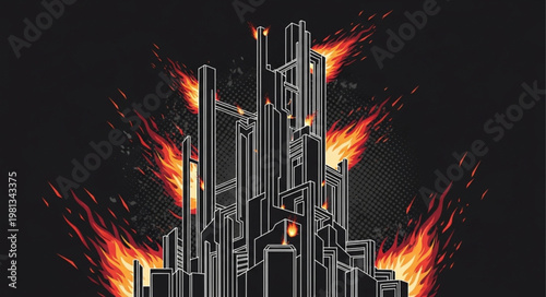 Futuristic Cityscape Silhouette Against Fiery Background.