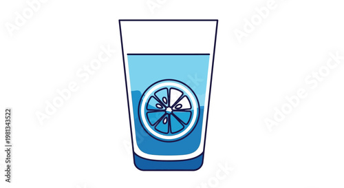 A simple illustration of a tall glass filled with a blue liquid and a lemon slice