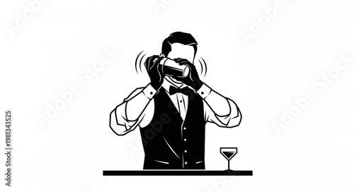 Bartender shaking cocktail in shaker with martini glass.