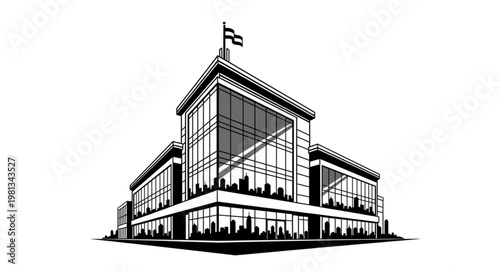 Modern Commercial Building with Large Windows and Flag.