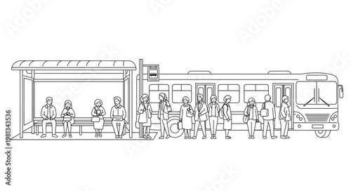 People waiting at a bus stop illustration.