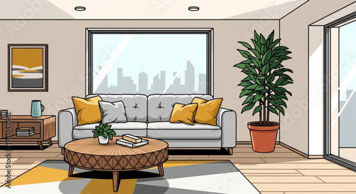 Cozy living room with modern furniture and city view.