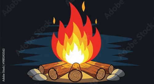 Bright campfire burning with logs and stones in the dark.