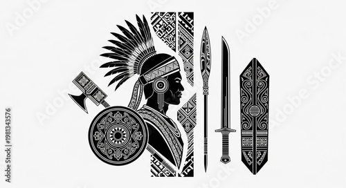 Native American Warrior Profile with Traditional Weapons and Shield.