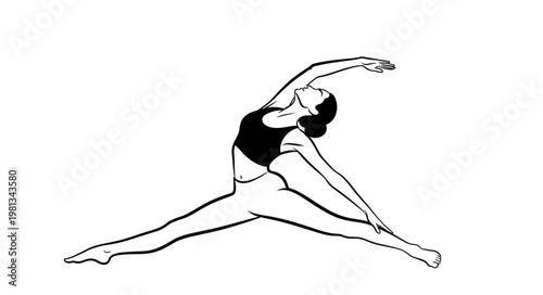 Woman performing a graceful yoga pose with arms extended.