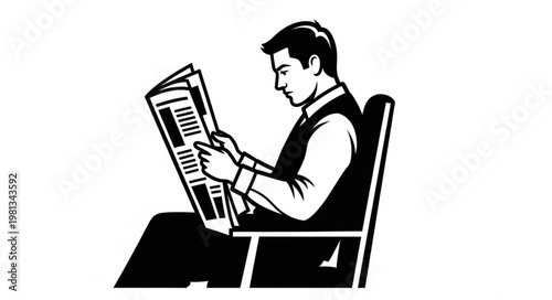 Man sitting in chair reading a newspaper illustration.