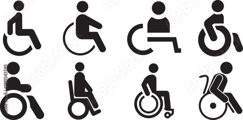 Accessibility Icon Set: A collection of various accessibility icons, each depicting a person in a wheelchair, illustrating inclusivity, support, and accommodation. png