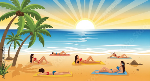 Women sunbathing on a tropical beach during sunset.