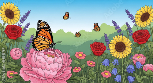 Monarch butterfly resting on a large pink peony flower surrounded by a vibrant garden scene.