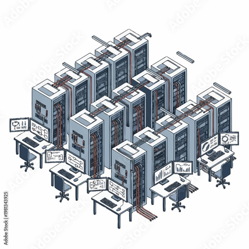 Computer servers and workstation desks.