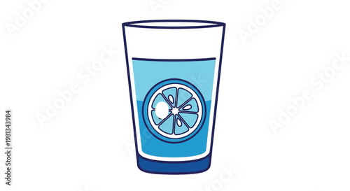 A simple illustration depicts a clear drinking glass filled with a blue liquid and a lemon slice