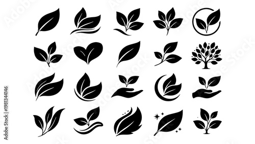 Set of black leaf icons. Leaves of trees and plants. Leaves icon. Collection of green leaves. Elements designed for natural, eco, bio, and vegan labels. Vector illustration.