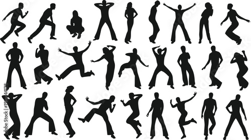 A collection of vector silhouettes of people featuring men and women in sport, fitness, and dance poses such as running and jumping shown as black body outlines in action