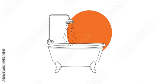 A minimalist illustration depicts a white bathtub with a shower set against a vibrant orange circle backdrop