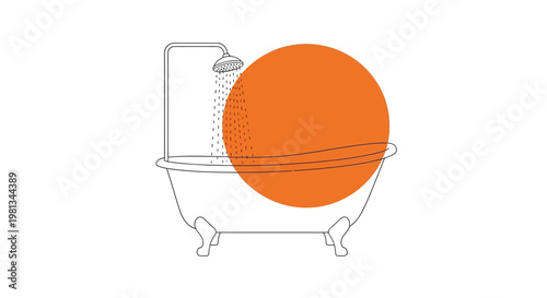 A minimalist illustration depicts a bathtub with a shower partially obscured by a large orange circle