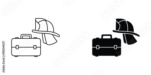 Firefighter gear and equipment next to a briefcase in contrasting styles