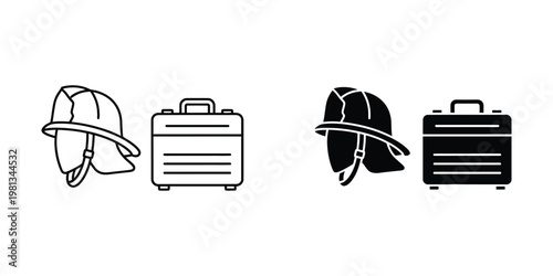 Contrast of firefighter helmets and briefcases in monochrome styles