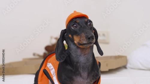 A dachshund dog decked out in full construction gear gazes upward with a smug grin, the most self-assured builder on the site, tiny but absolutely in charge, scene zoom
