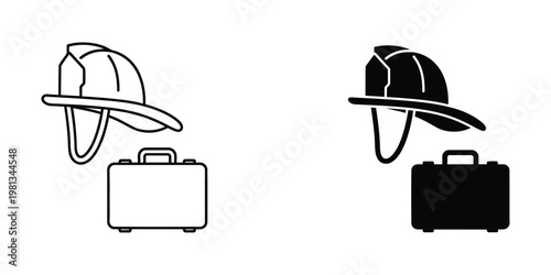 Contrast between a white firefighter helmet and briefcase versus black versions