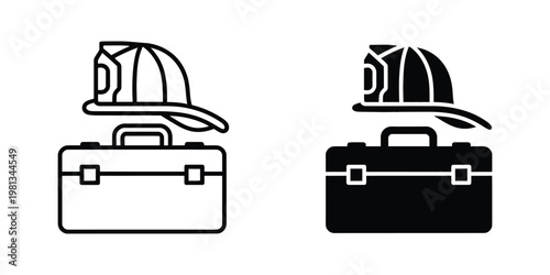 Contrast of a firefighter's helmet and toolbox in black and white versions