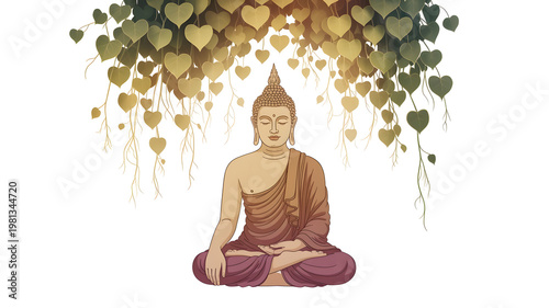 Meditating buddha under falling bodhi leaves a serene and spiritual illustration