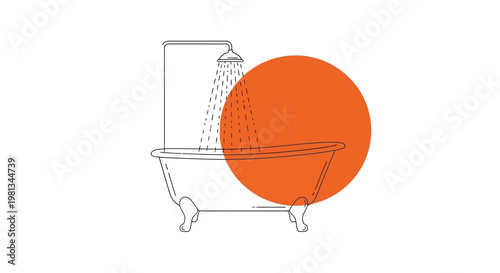A minimalist line drawing depicts a classic clawfoot bathtub with a shower overlaid with a vibrant red circle