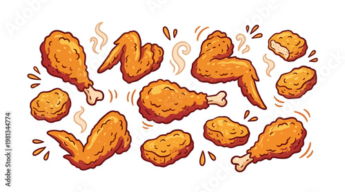 A Delicious Assortment of Golden Crispy Fried Chicken Drumsticks, Wings, and Nuggets, Beautifully Illustrated with Steaming Hot Details, Perfect for Food Advertisements and Restaurant Menus