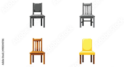 Four pixelated chairs are displayed in a grid arrangement showcasing varying colors and styles