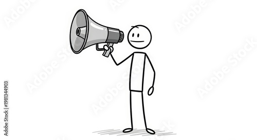 Megaphone Stick Figure Man Holding Announcing Isolated on White Background Black and White Illustration