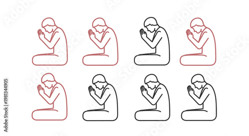 A collection of minimalist line art icons depicting people in a praying or meditative pose