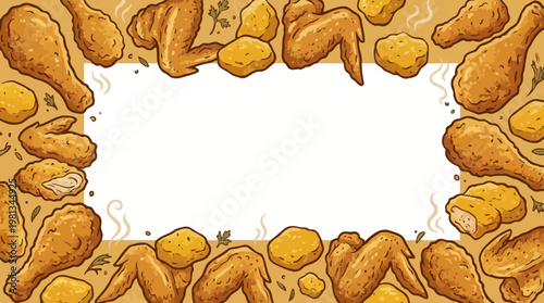 Delicious golden fried chicken pieces, including crispy wings, drumsticks, and savory nuggets, forming an appetizing culinary border frame for menus and promotions