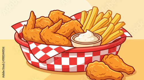 A delectable illustration of crispy fried chicken wings and golden french fries served in a charming checkered basket with a creamy dipping sauce, representing a classic fast food meal