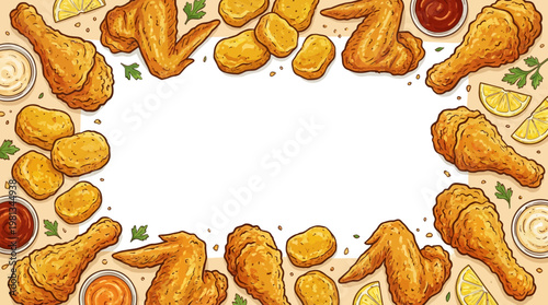 Appetizing hand-drawn frame of golden crispy fried chicken pieces, crunchy nuggets, and flavorful dipping sauces, creating a delicious food border with copy space for menus and promotions